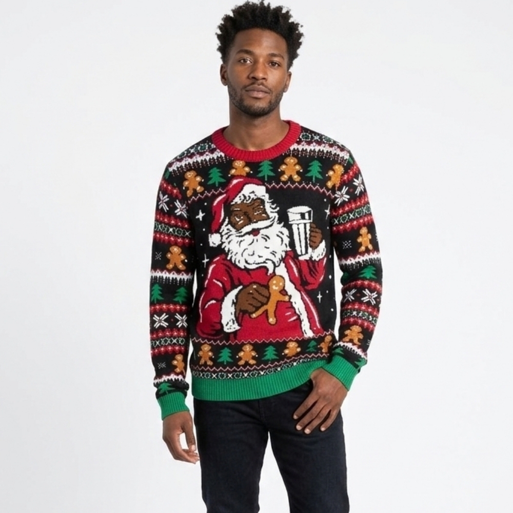 Ugly Christmas Sweater Black Santa Gingerbread Holiday Pullover Mens Size Medium